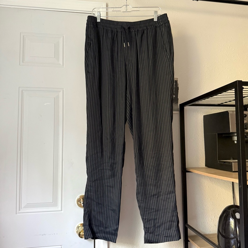 SANDRO navy blue linen blend striped elastic waist pull on straight leg pants‎